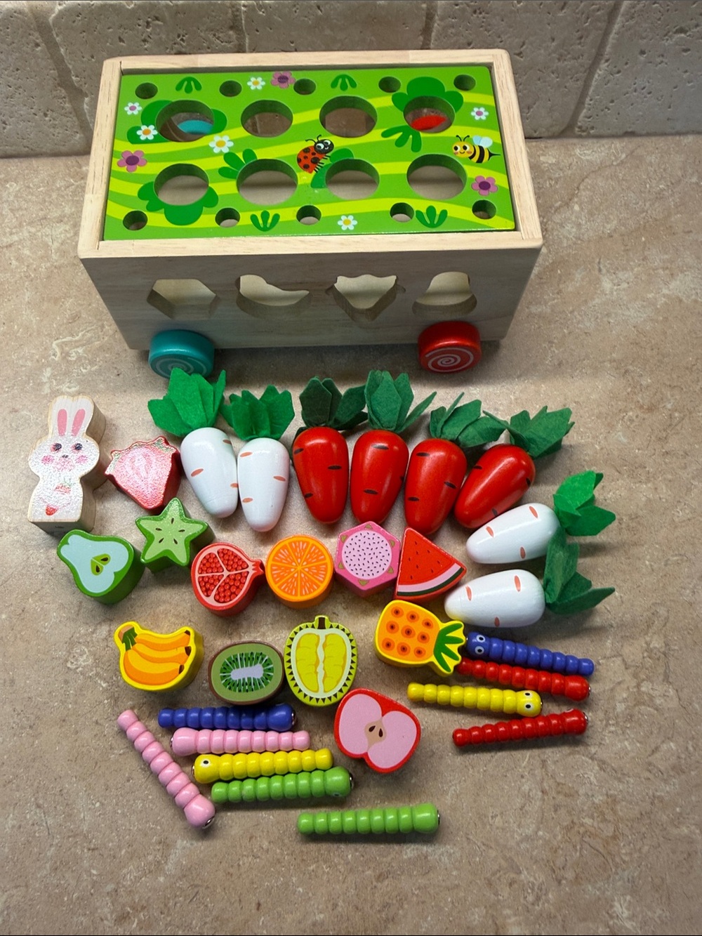 Wooden Fruit & Vegetable Sorting Push cart Toy - Green Top